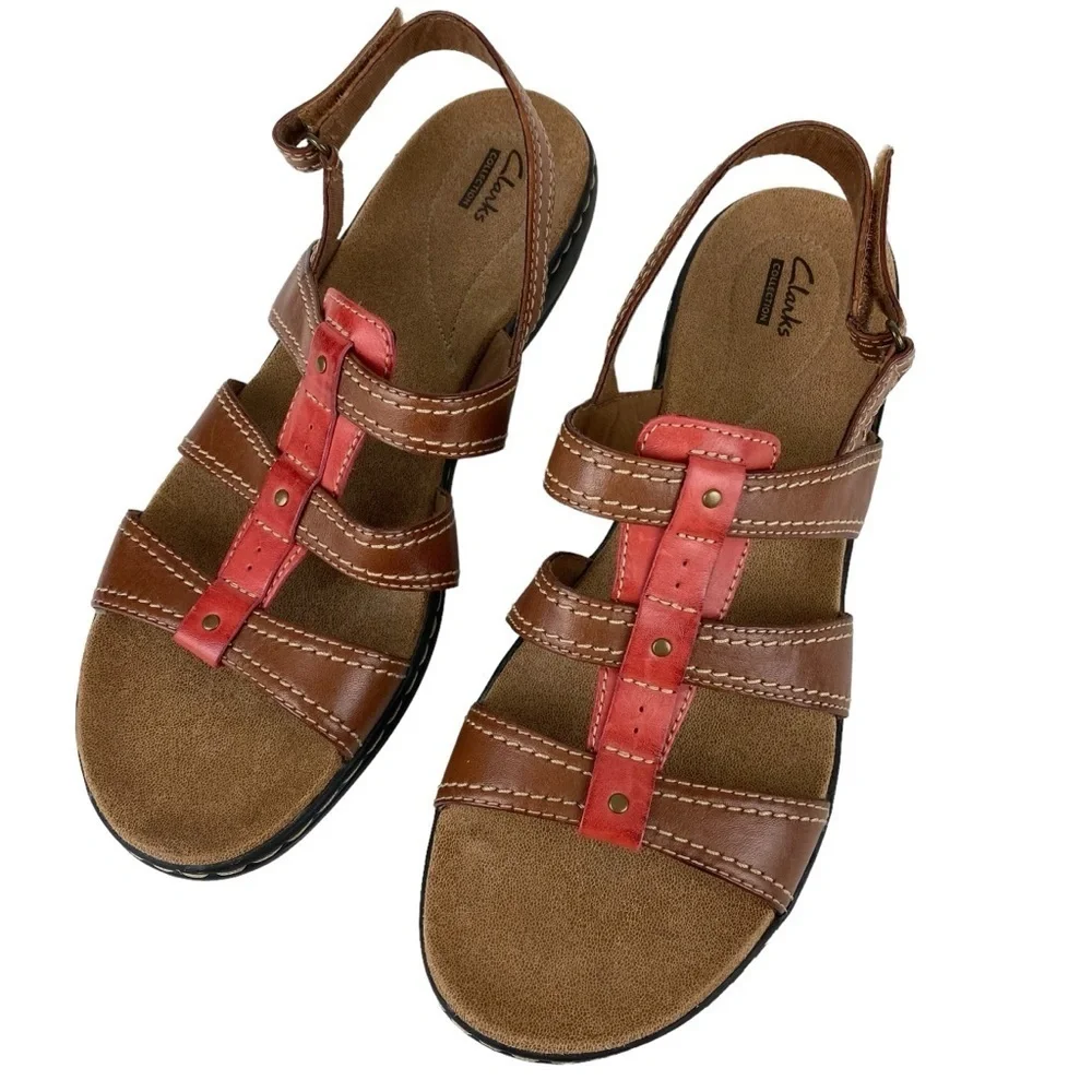 Clarks Brown Leather Sandals Slingback Pink  Women’s Size 12 Hook Loop Adj